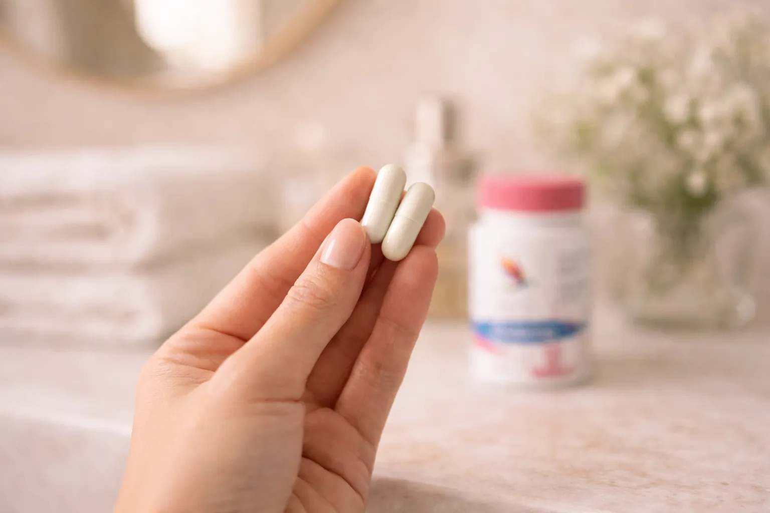 Roka drži dve kapsuli Her Biotic