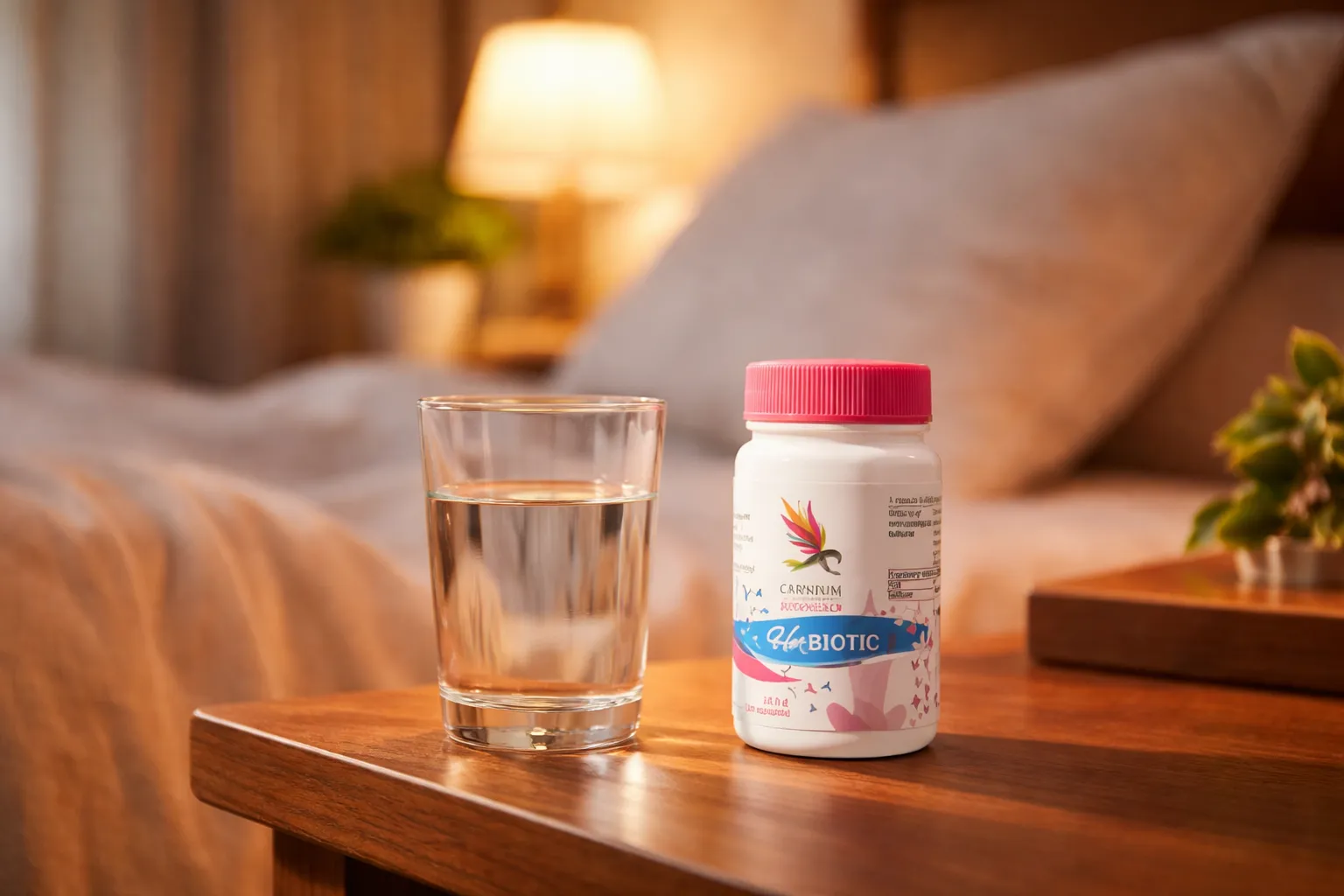 Her Biotic na nočni omarici ob kozarcu vode